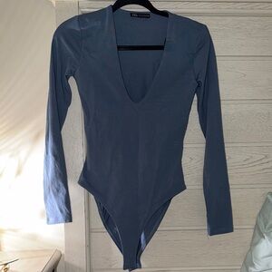 Zara Deep V-Neck Long Sleeve Bodysuit in Blue
